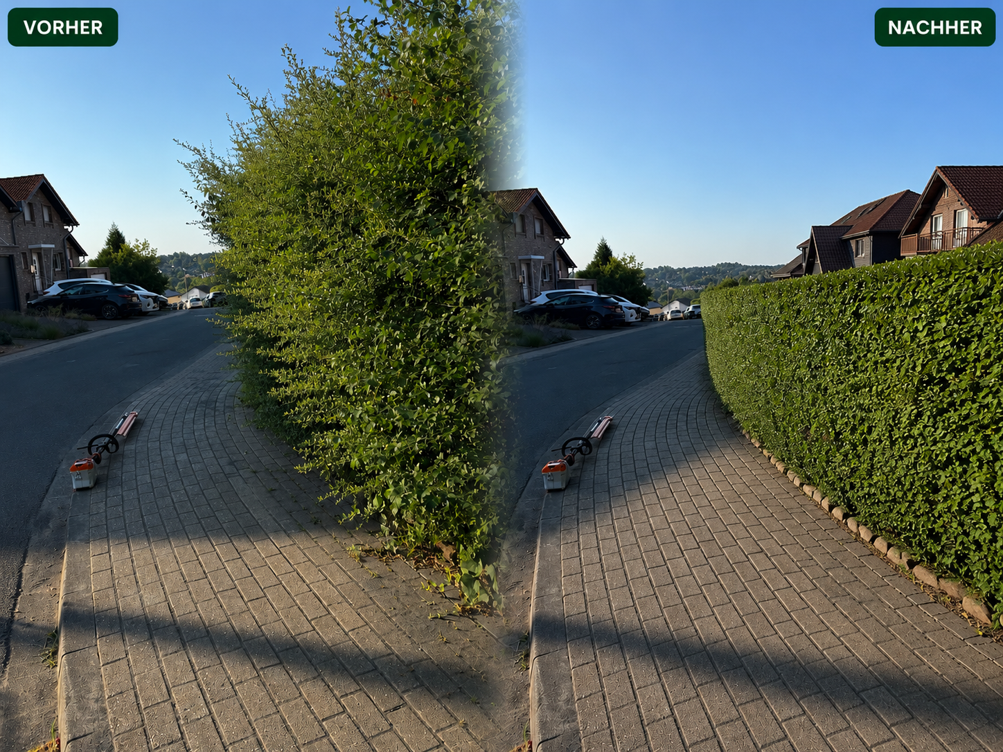 Vorher und Nachher: Hecke am Gehweg