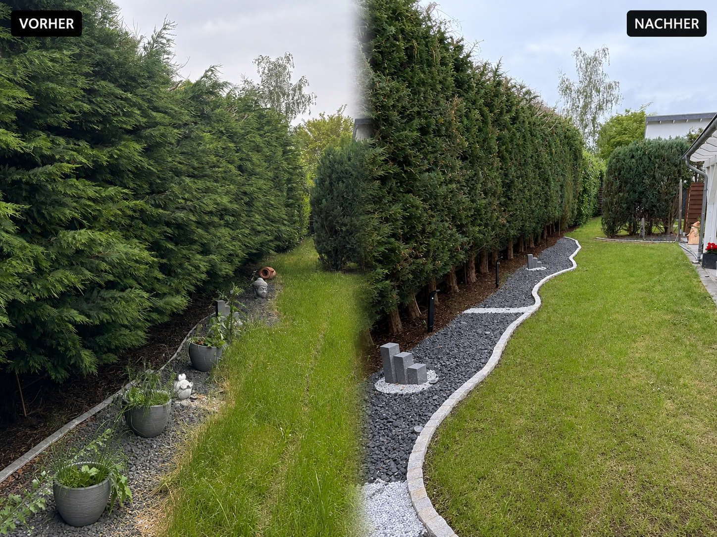 Vorher und Nachher: Thuja-Hecke & Weg