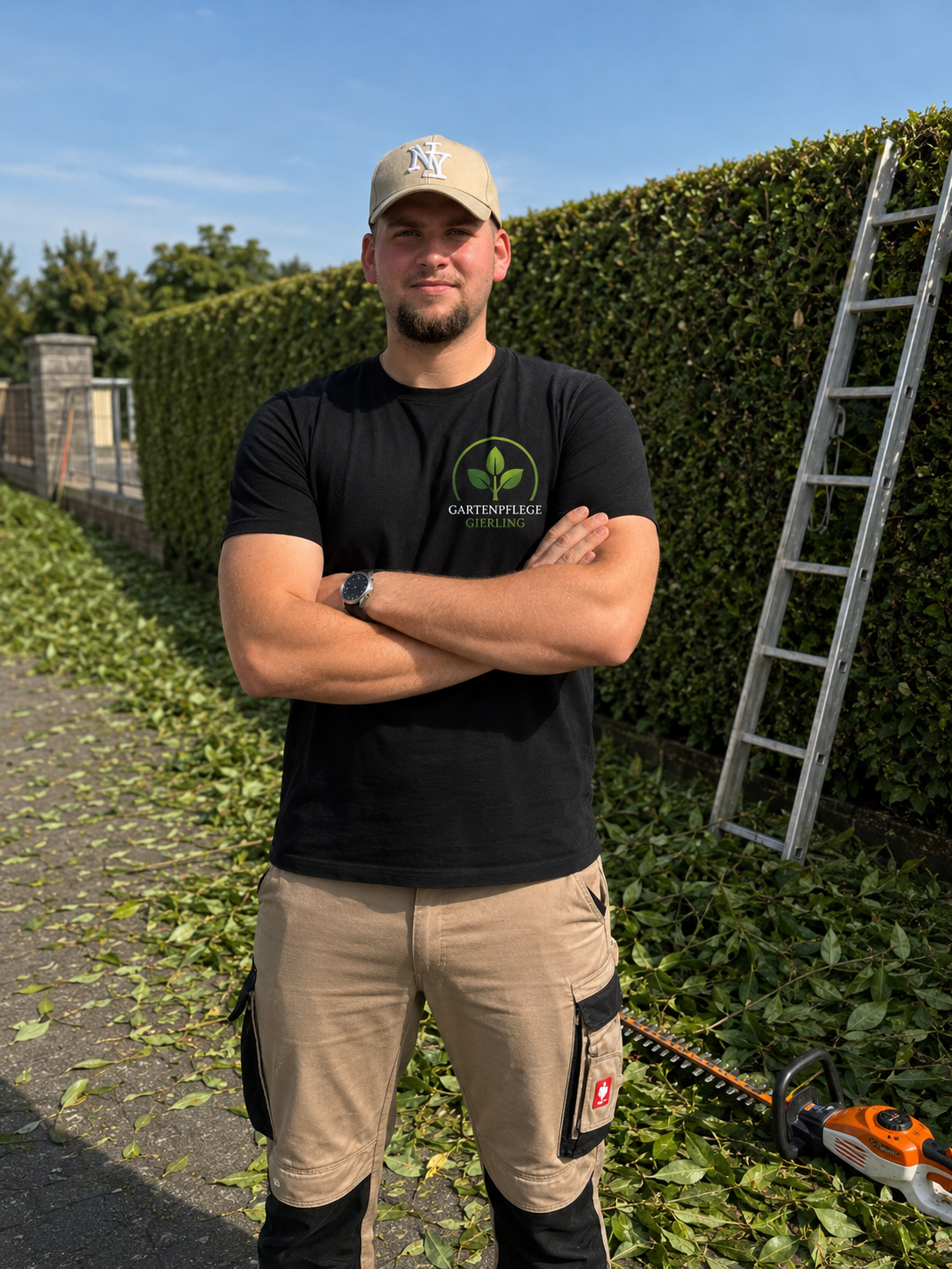 Inhaber von GartenpflegeGierling vor einer frisch geschnittenen Hecke